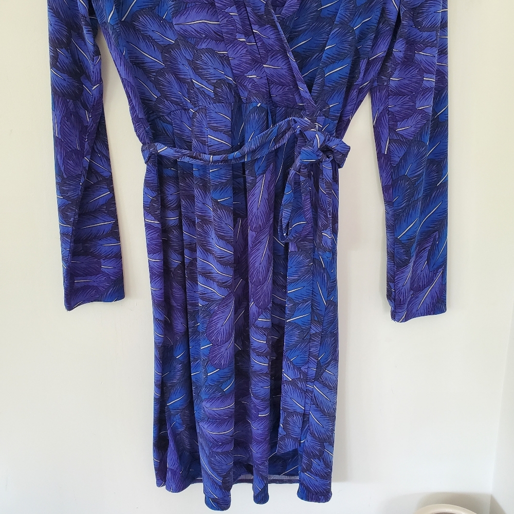 MARA HOFFMAN GYPSY M Blue Feather Print Faux Wrap 39" Dress LS Party Office EUC - Picture 5 of 13